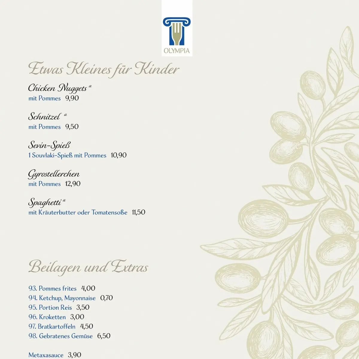 Speisekarte, Restaurant Olympia