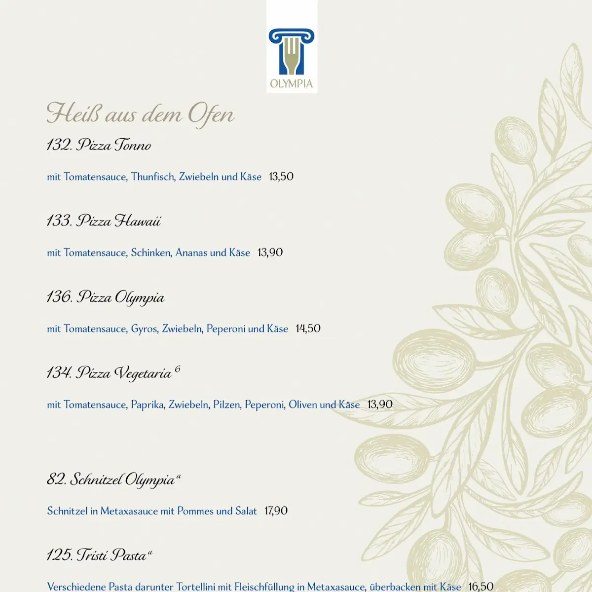 Speisekarte, Restaurant Olympia