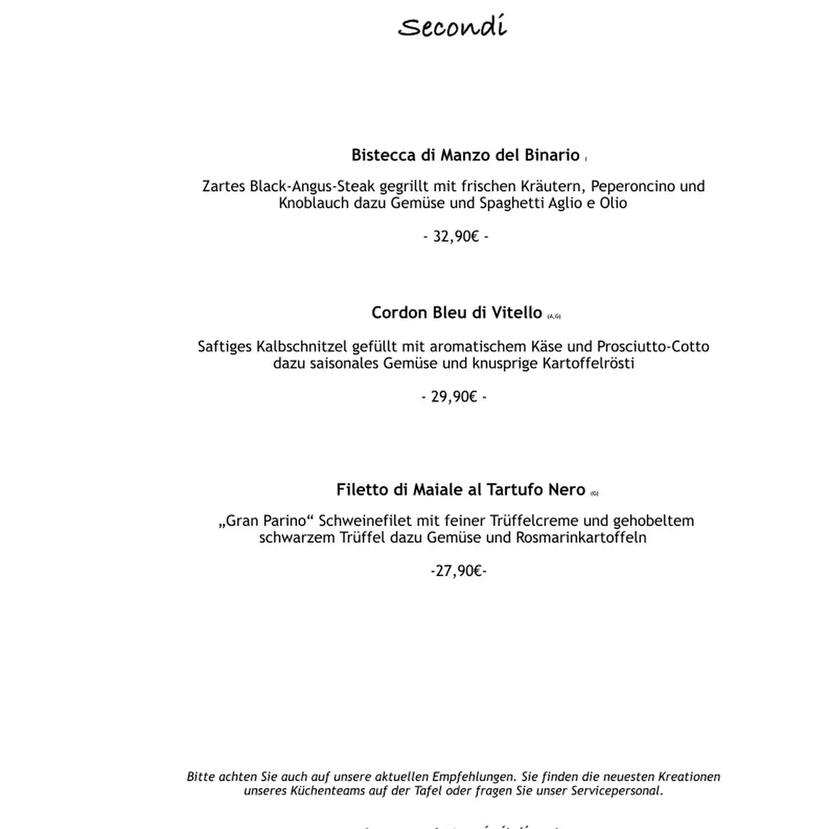Speisekarte, Al Binario - Pasquale Damiani