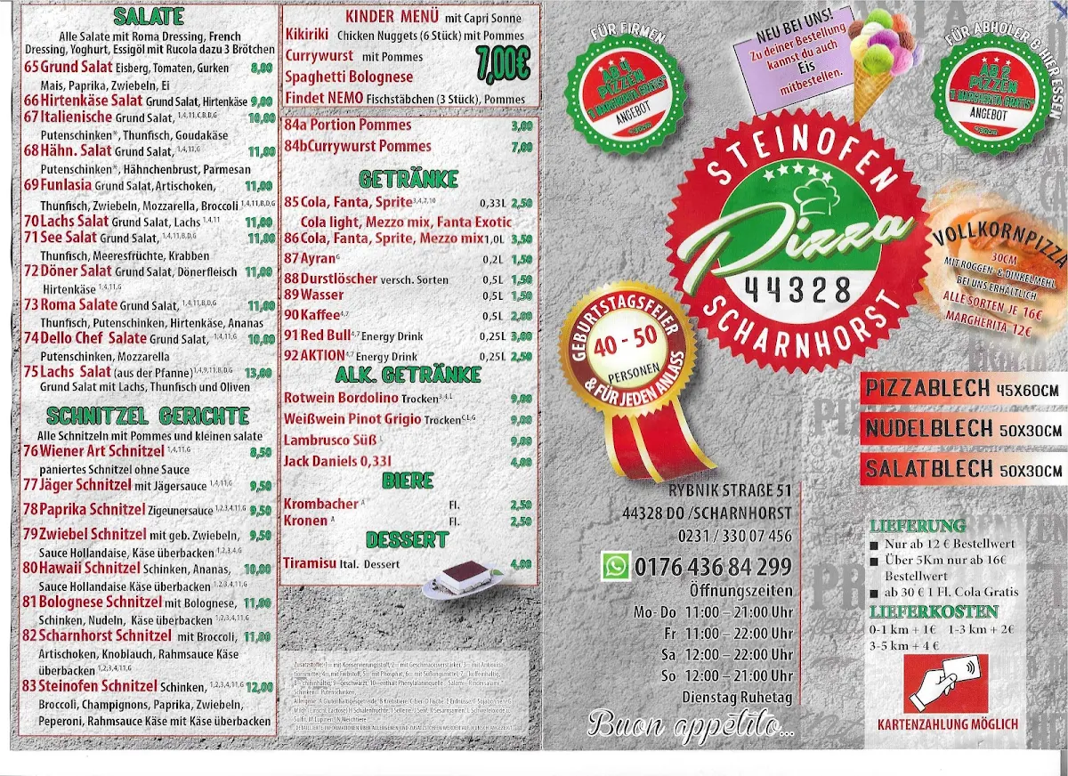 Speisekarte, Steinofen Pizzeria