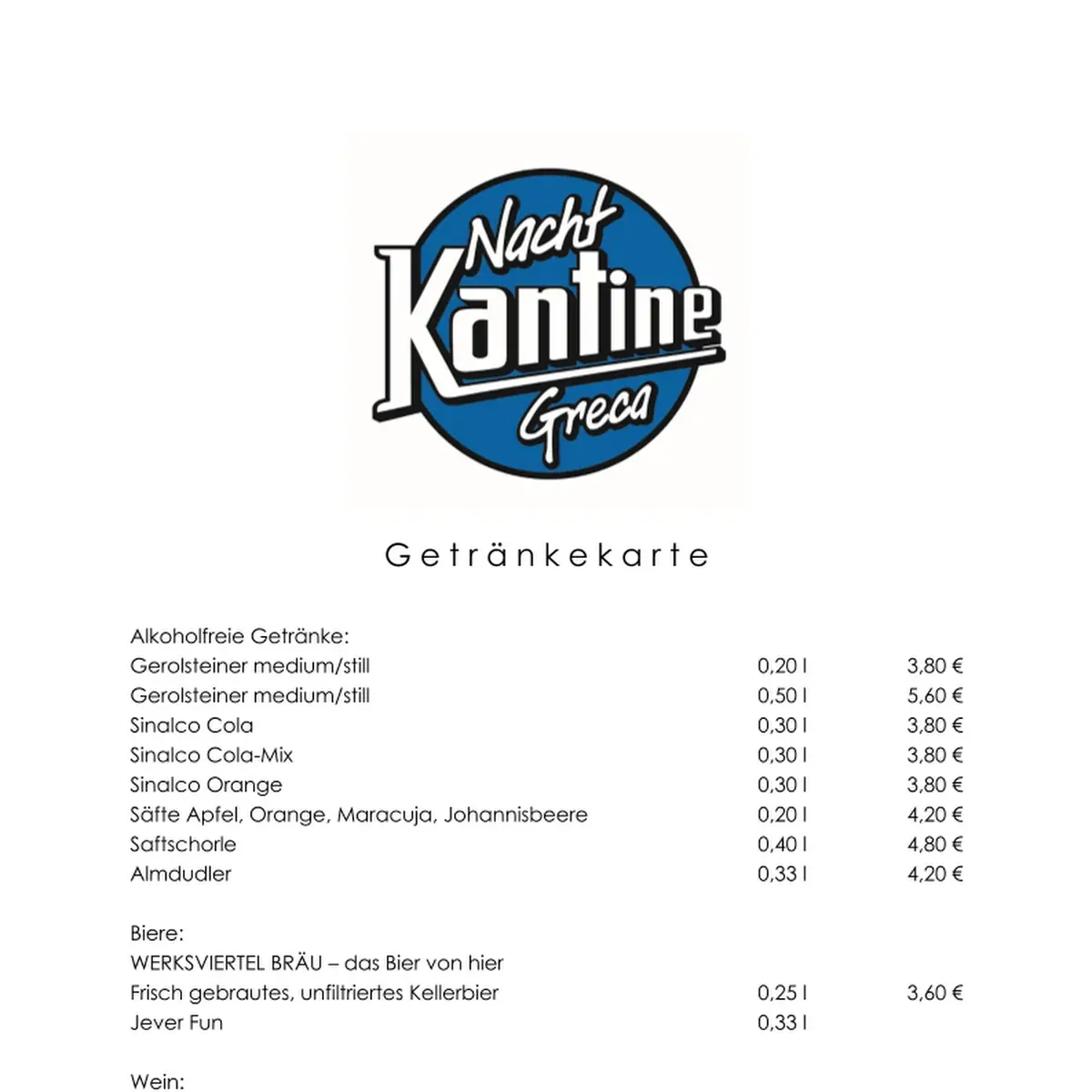 Speisekarte, NachtKantine Griechisches Restaurant & Eventfläche