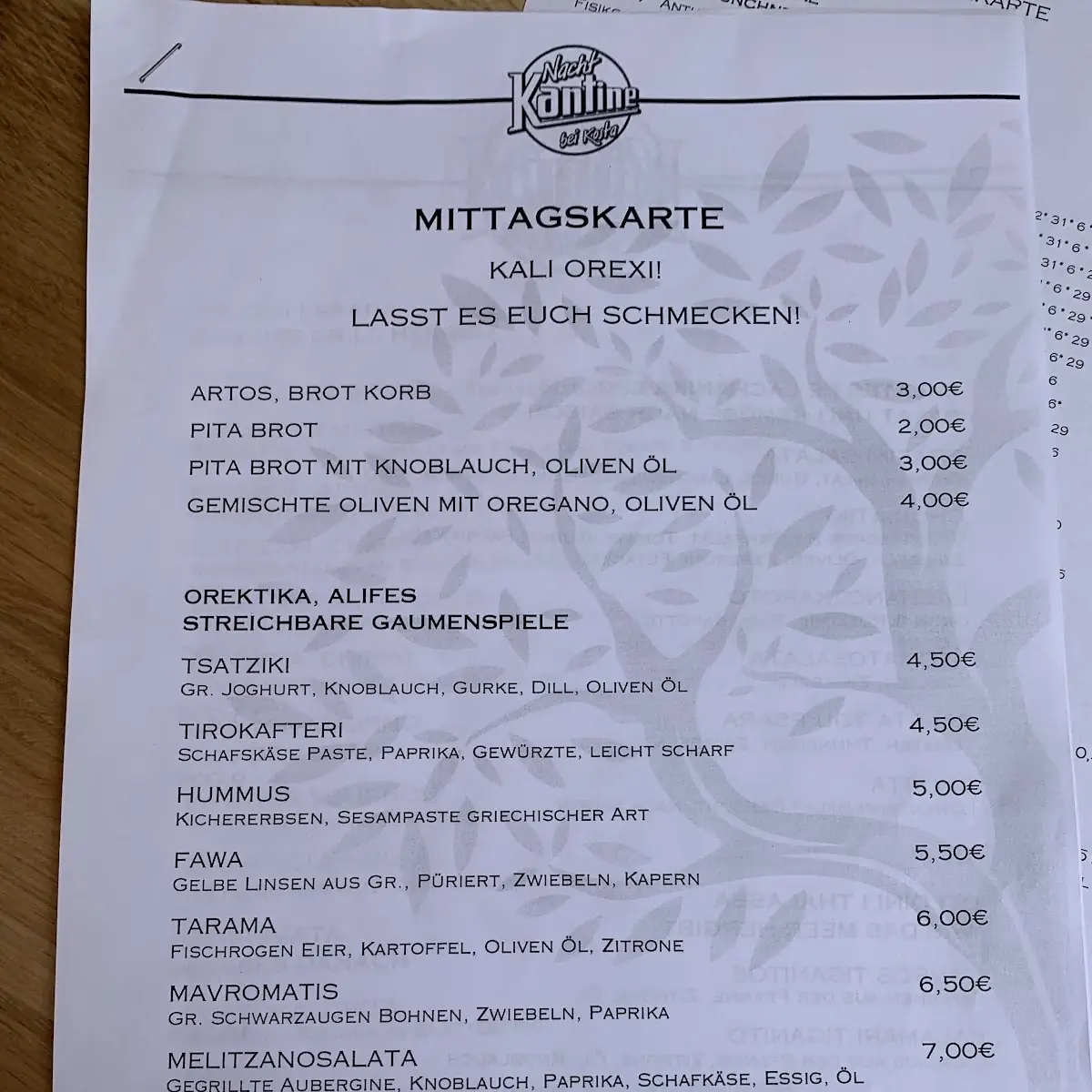 Speisekarte, NachtKantine Griechisches Restaurant & Eventfläche