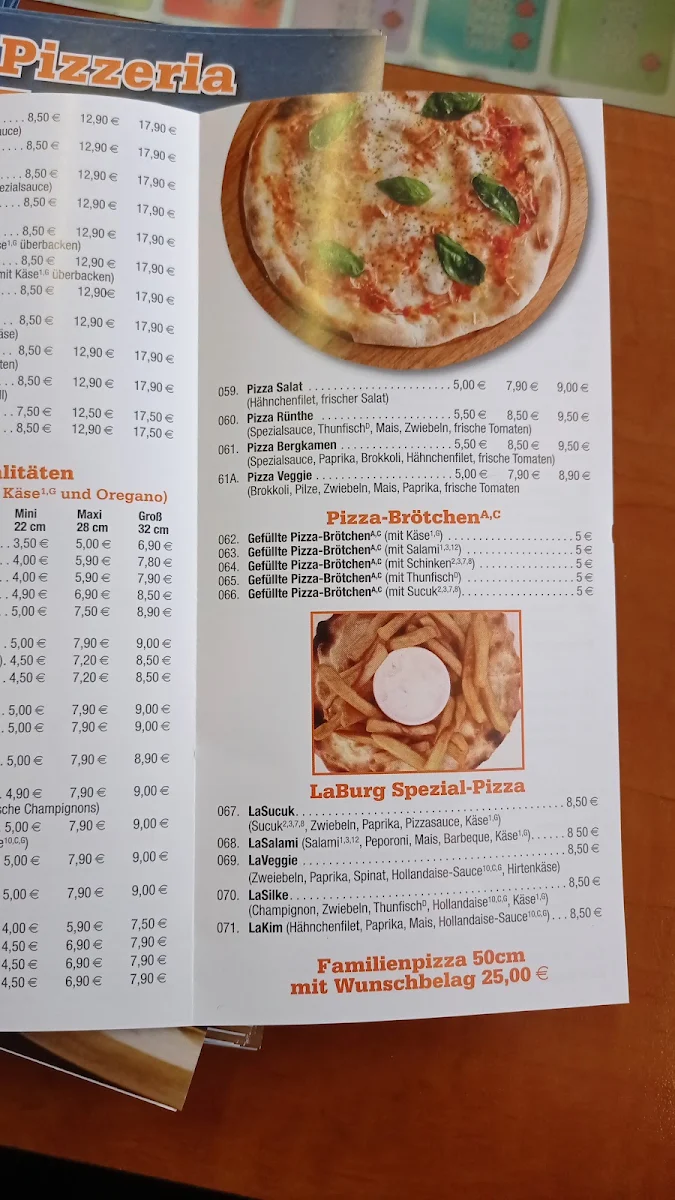 Speisekarte, Pizzeria La BURG