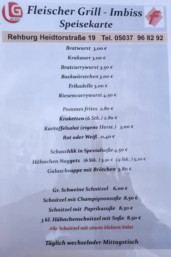 Speisekarte, Fleischer Grill-Imbiss