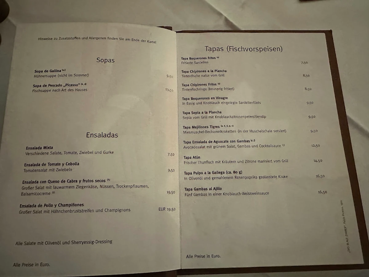 Speisekarte, Restaurante Picasso