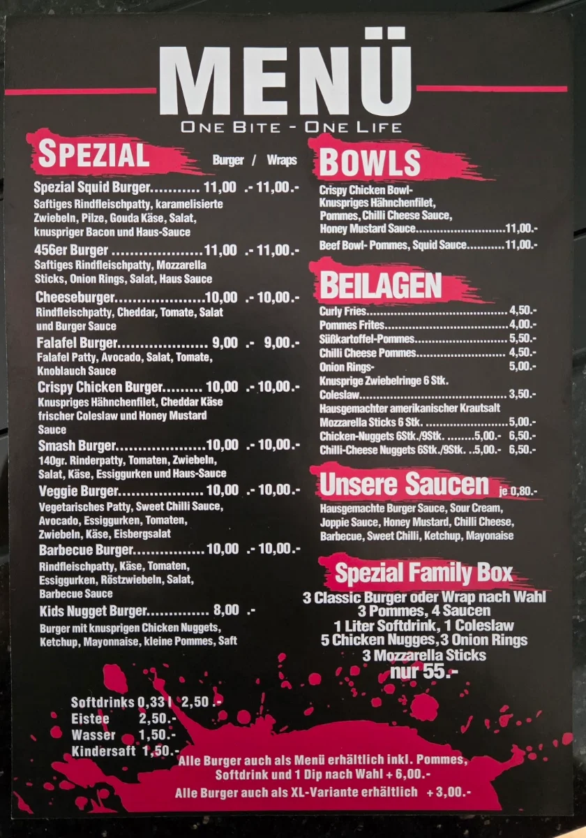 Speisekarte, Squid Burger