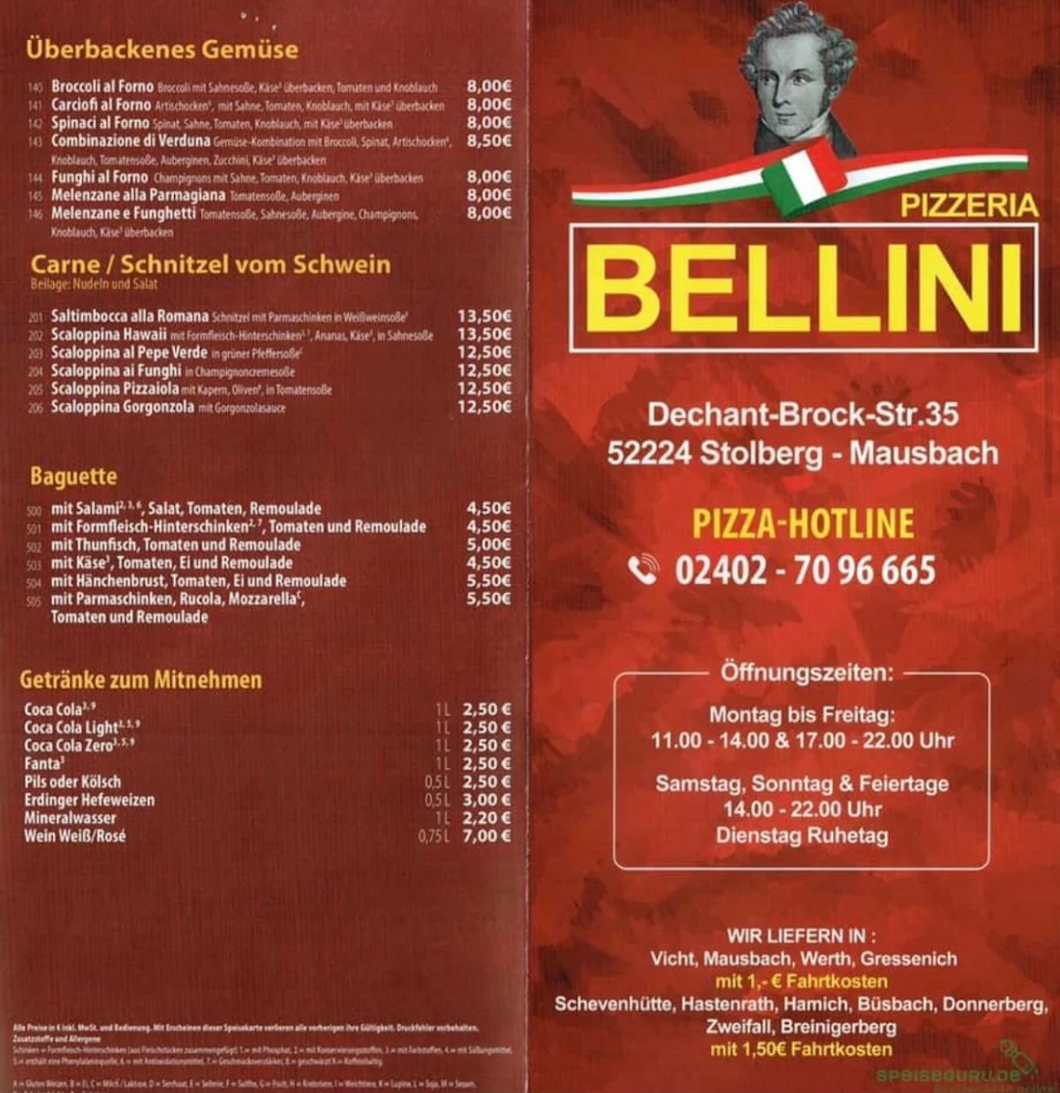 Speisekarte, Pizzeria Bellini Mausbach
