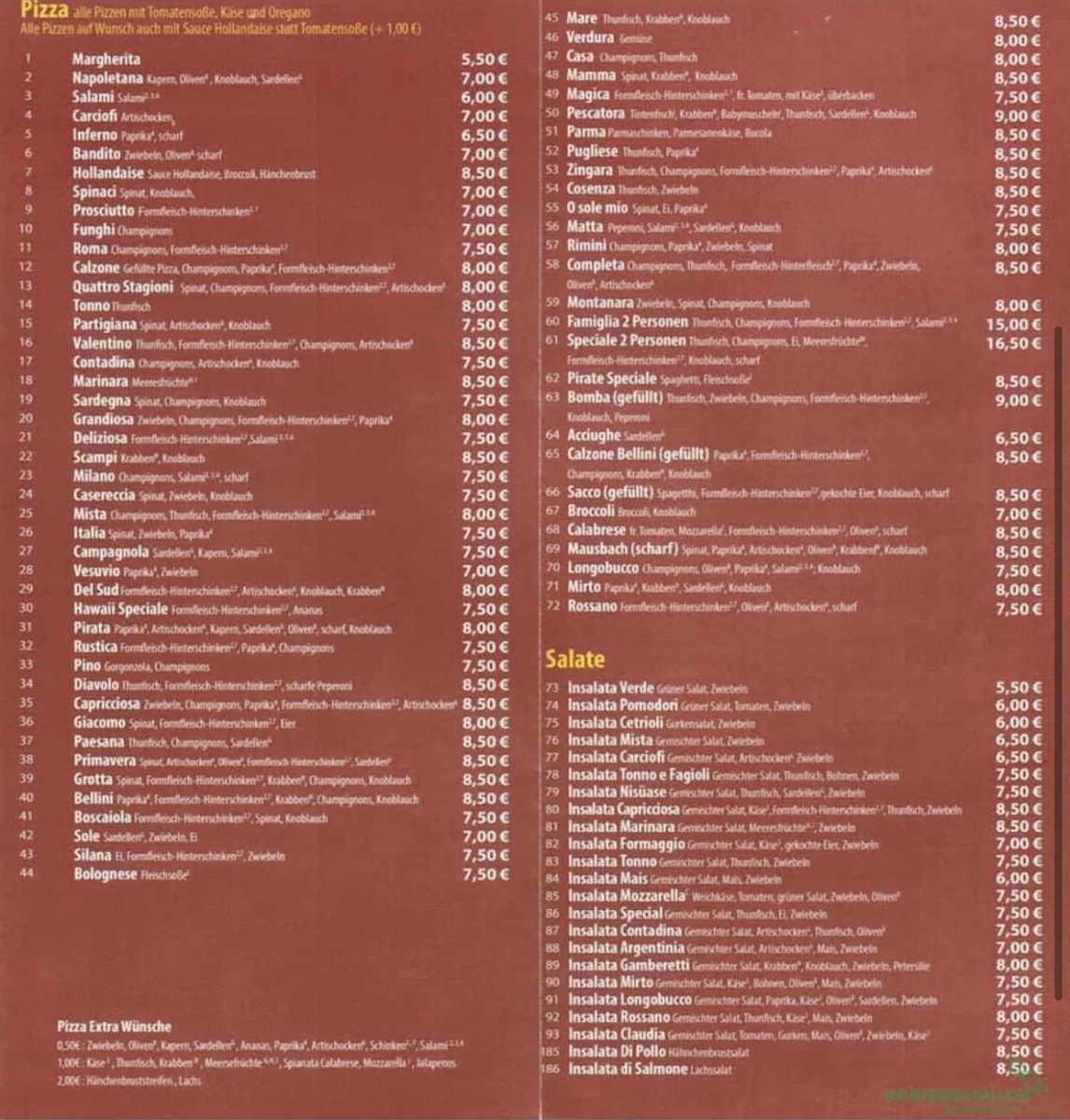 Speisekarte, Pizzeria Bellini Mausbach