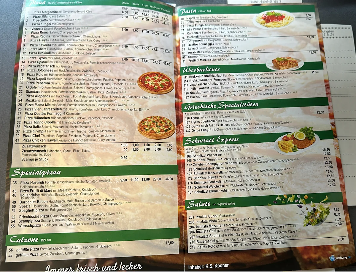 Speisekarte, Dahlener Pizza-Service