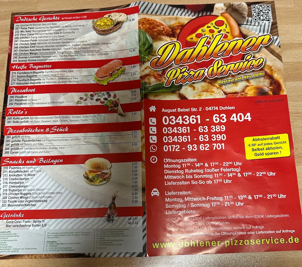 Speisekarte, Dahlener Pizza-Service