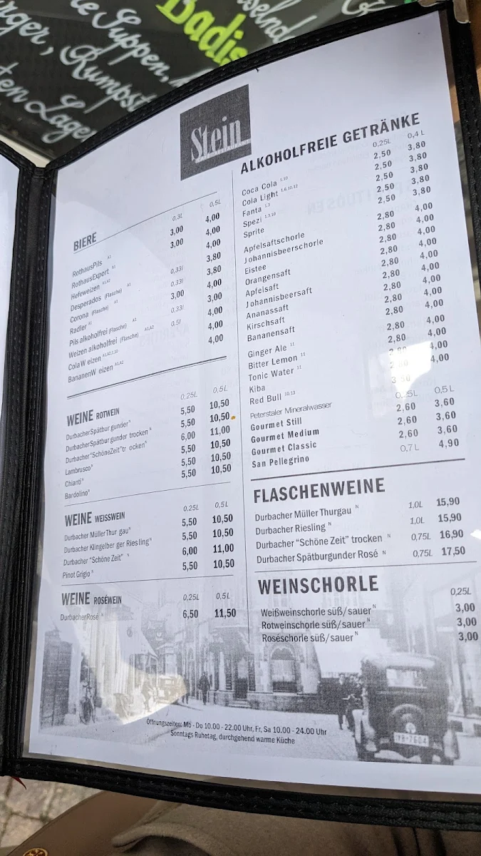 Speisekarte, Café Stein Restaurant