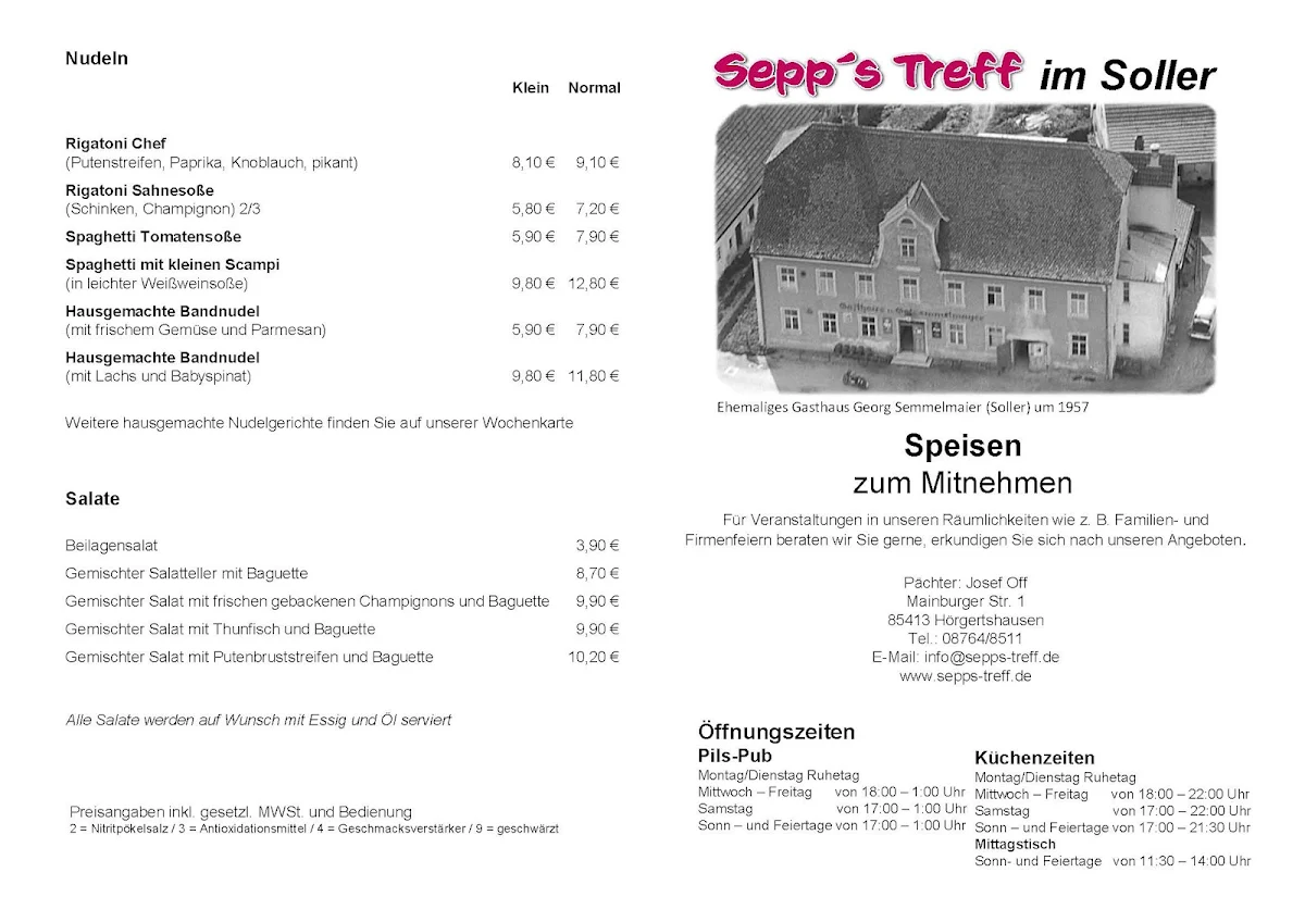 Speisekarte, Sepp’s Treff im Soller