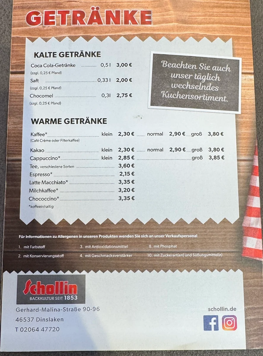 Speisekarte, Bäckerei Schollin