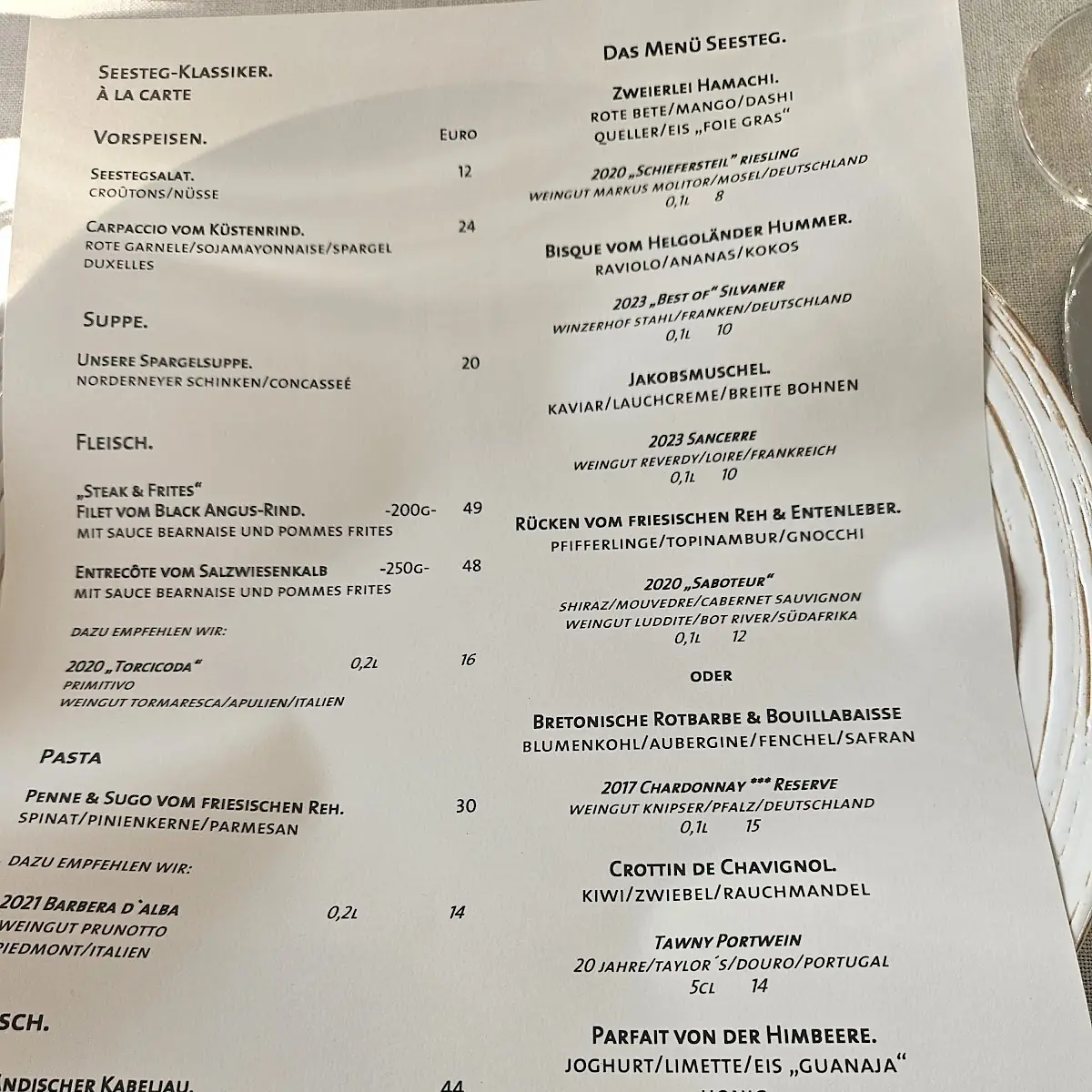 Speisekarte, Restaurant Seesteg