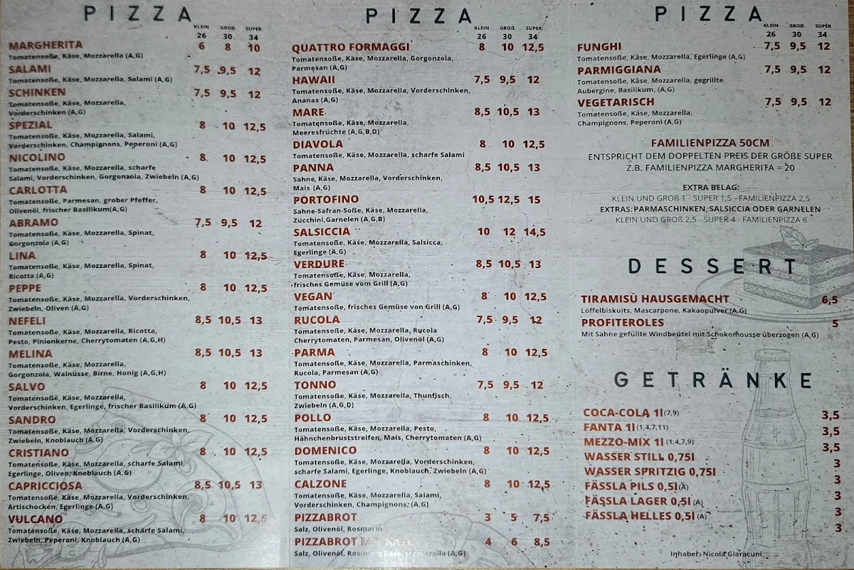 Speisekarte, Pizzeria Abramo da Nicolino