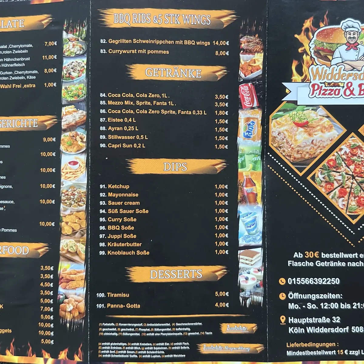 Speisekarte, Widdersdorfer Pizza und Burger