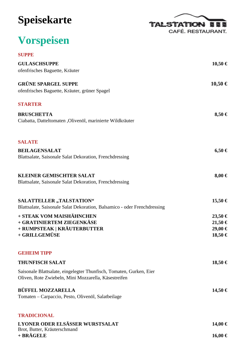Speisekarte, Talstation Münstertal - Café & Restaurant