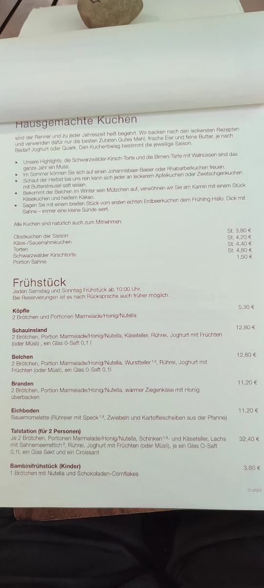 Speisekarte, Talstation Münstertal - Café & Restaurant