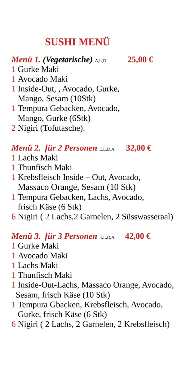 Speisekarte, Sumo Sushi