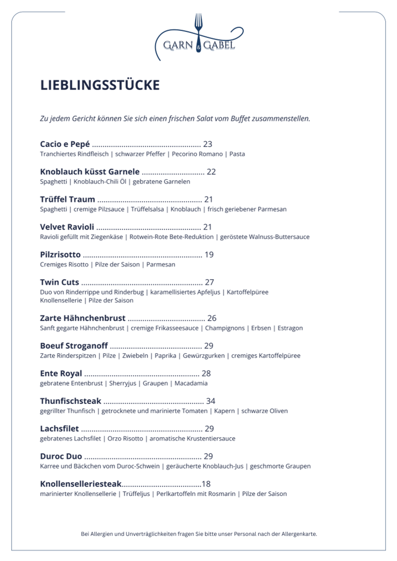 Speisekarte, Restaurant Garn&Gabel