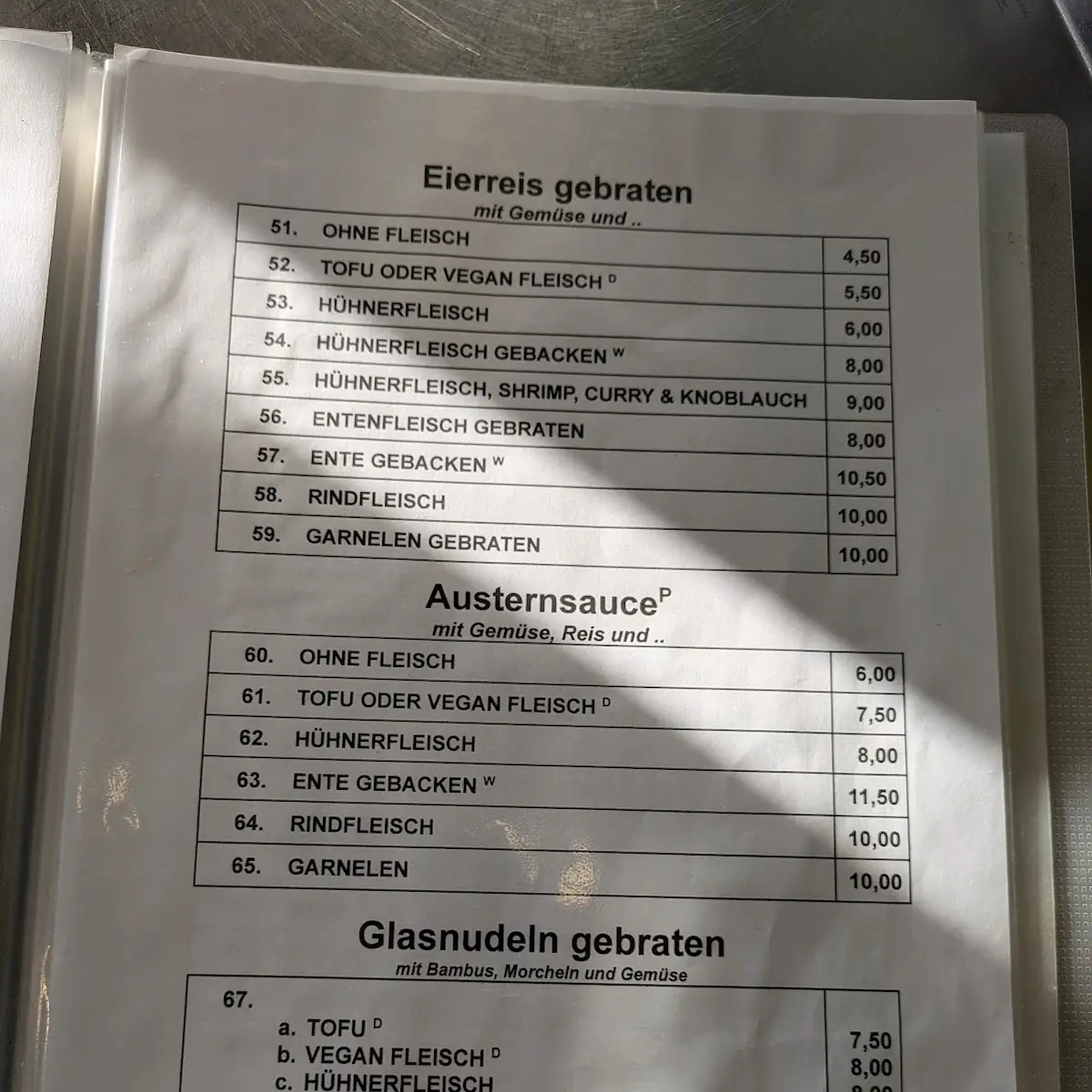 Speisekarte, Hung Asia Kochen mit Herz