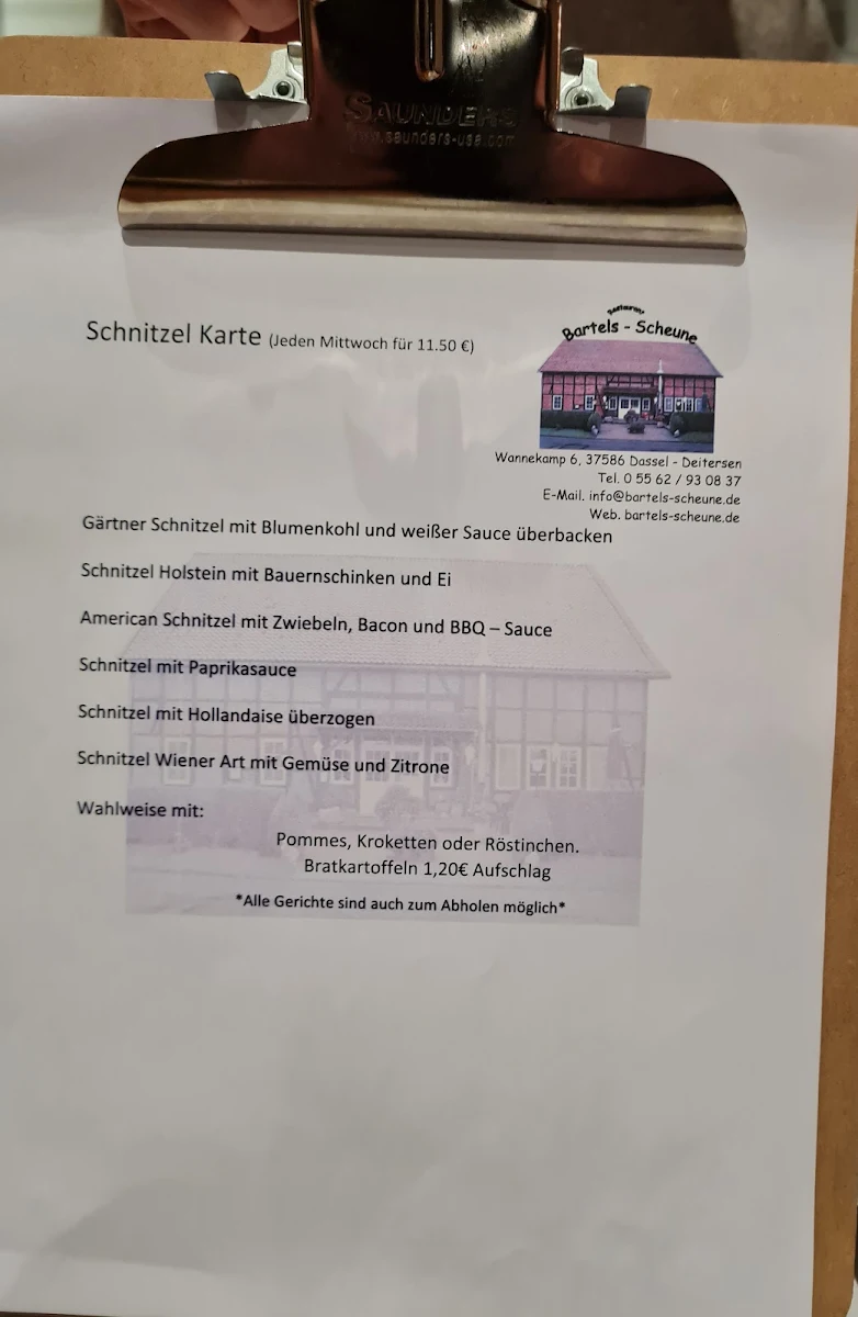 Speisekarte, Restaurant Bartels - Scheune