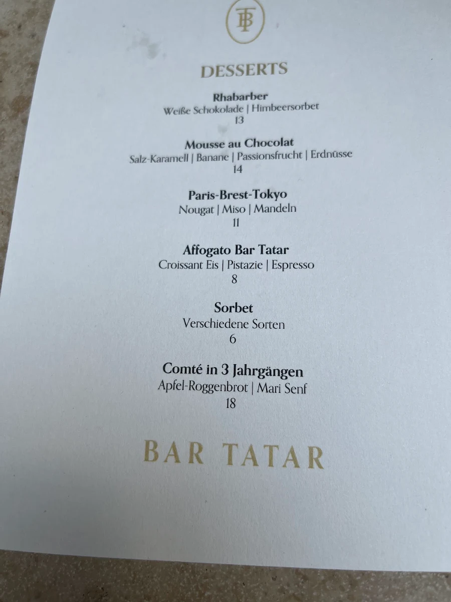 Speisekarte, BAR TATAR in der Schreiberei