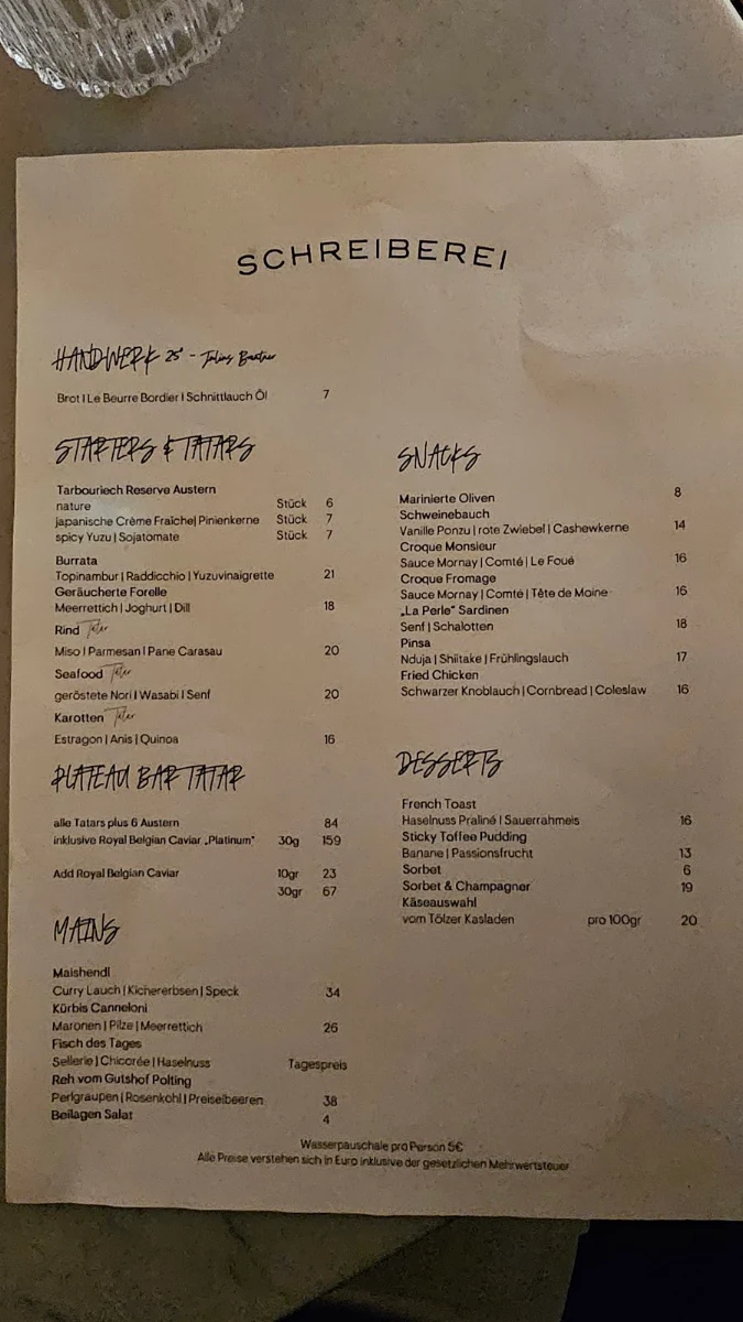 Speisekarte, BAR TATAR in der Schreiberei