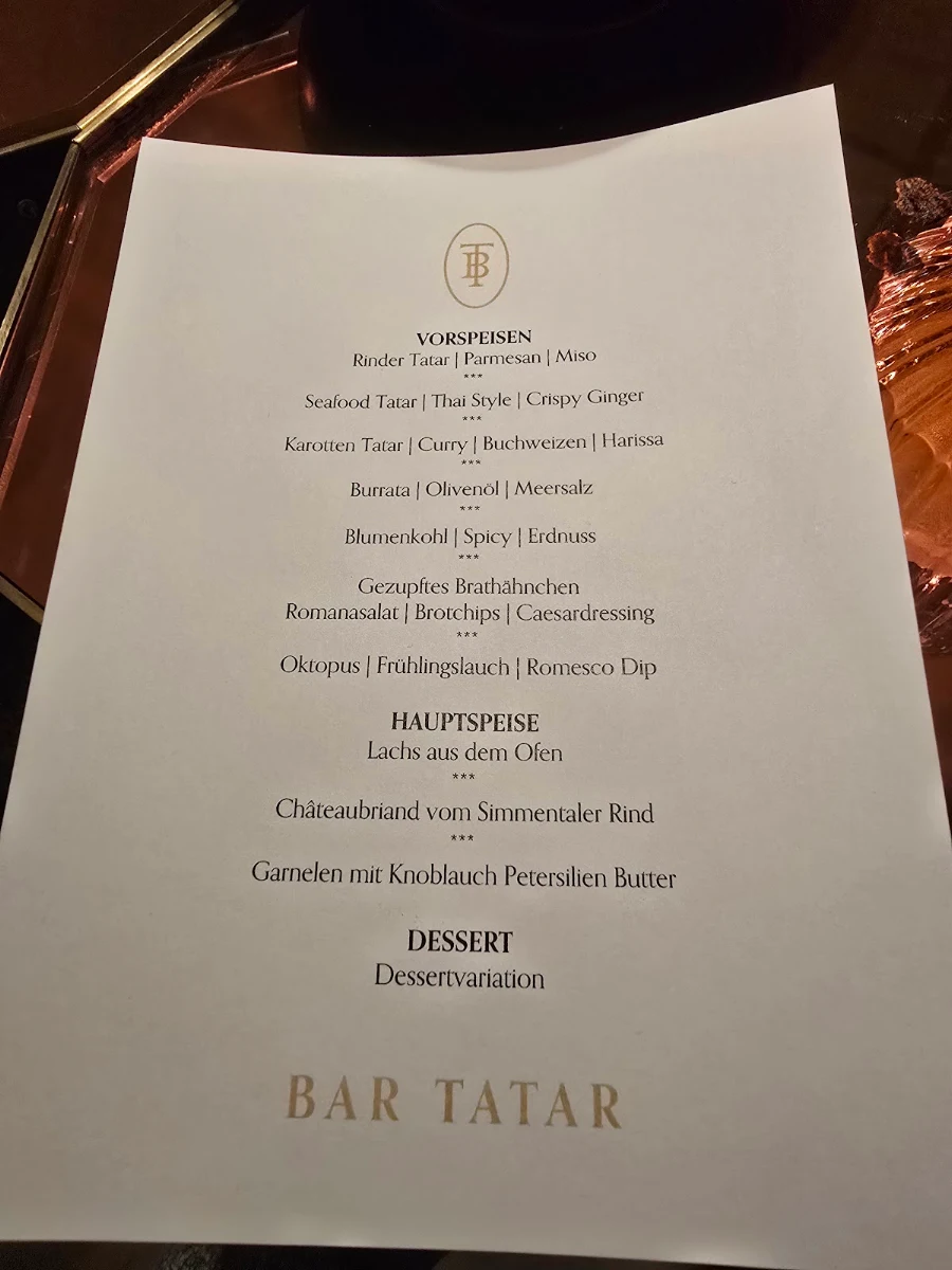 Speisekarte, BAR TATAR in der Schreiberei