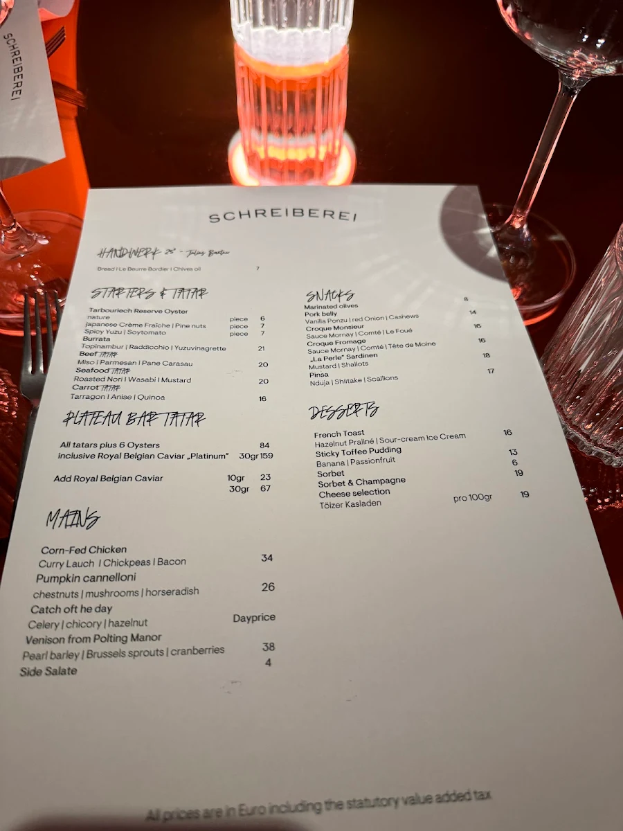 Speisekarte, BAR TATAR in der Schreiberei