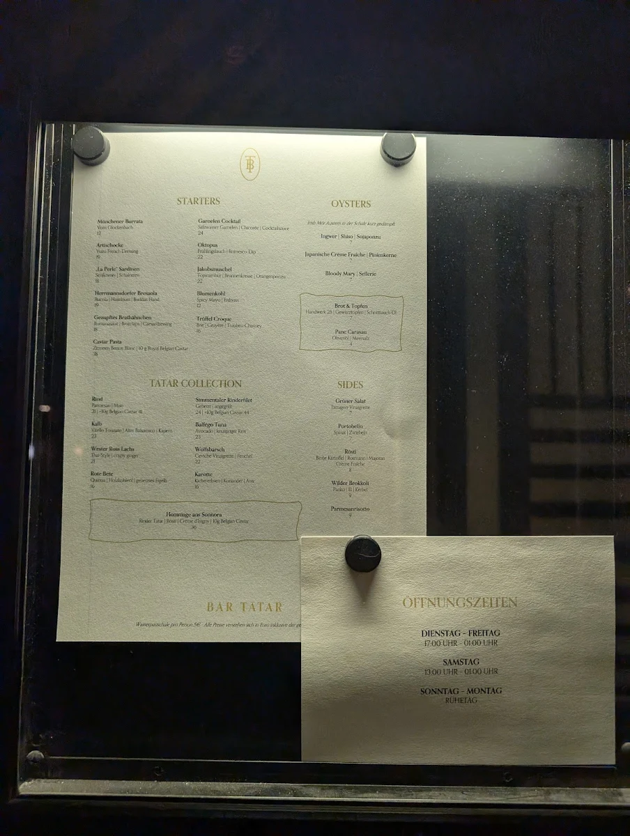 Speisekarte, BAR TATAR in der Schreiberei
