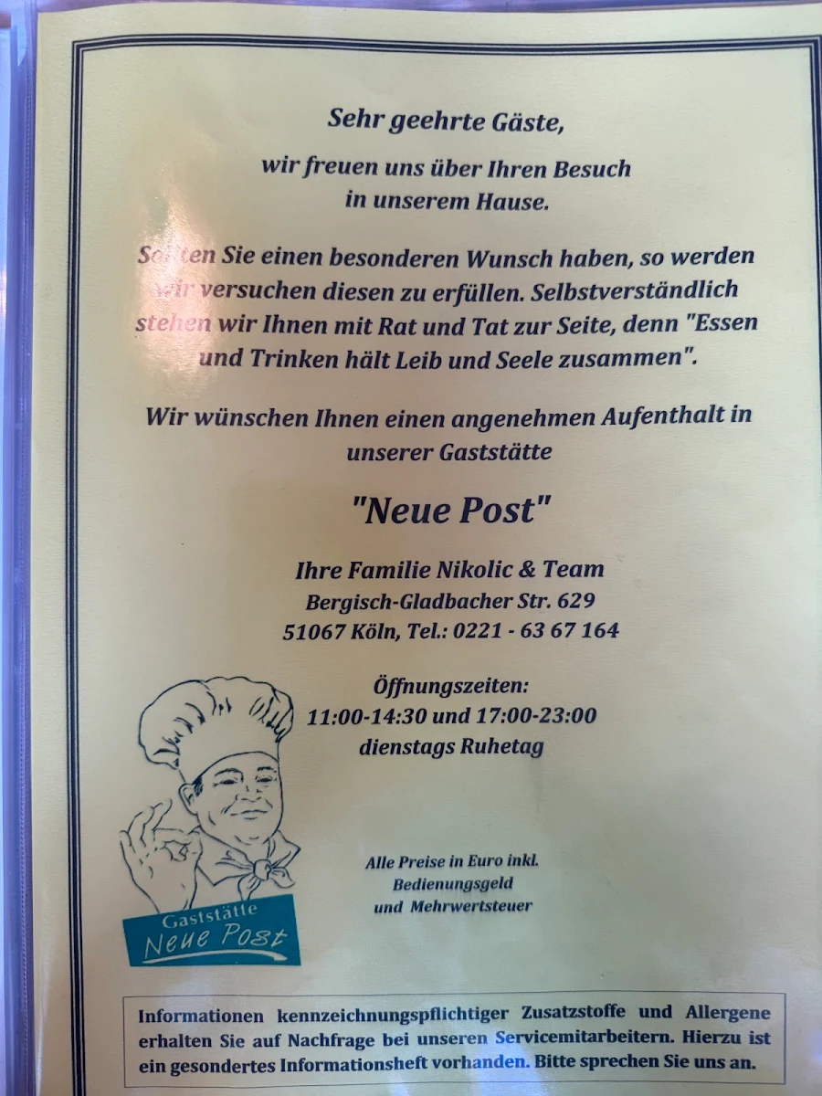Speisekarte, Gaststätte Neue Post