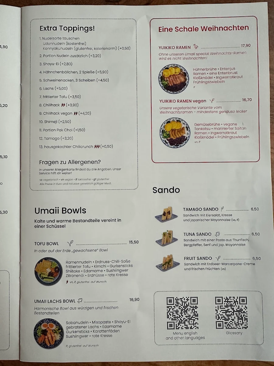 Speisekarte, Umaii Ramenbar Dresden
