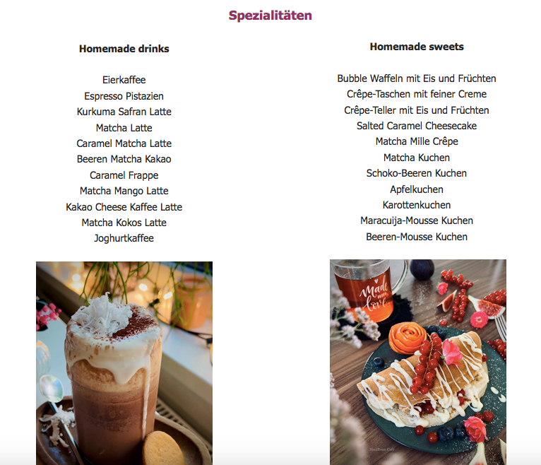 Speisekarte, BinnBonn Café