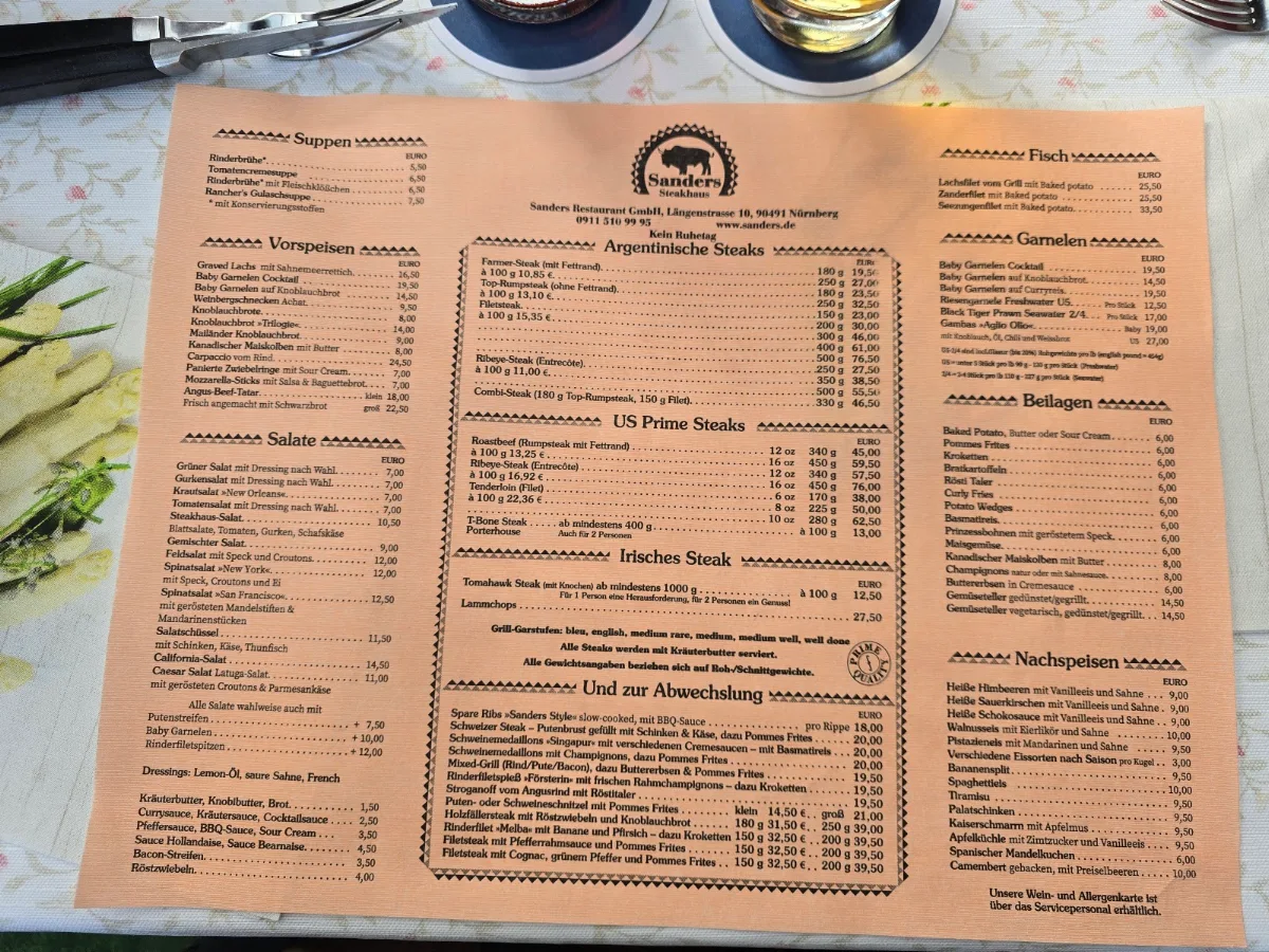 Speisekarte, Sanders Steakhaus