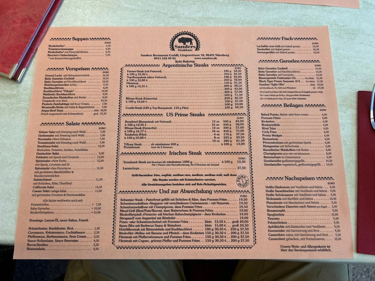 Speisekarte, Sanders Steakhaus