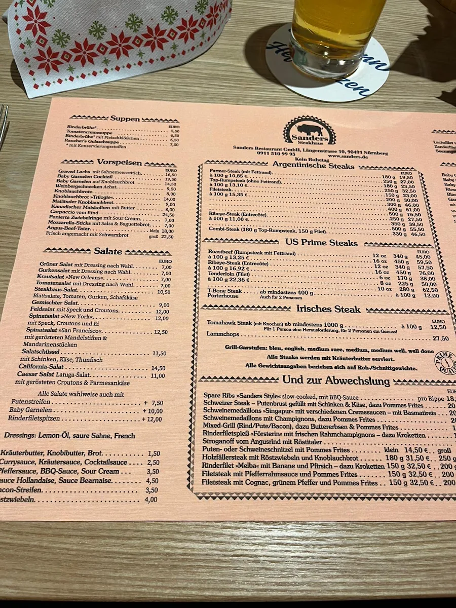 Speisekarte, Sanders Steakhaus