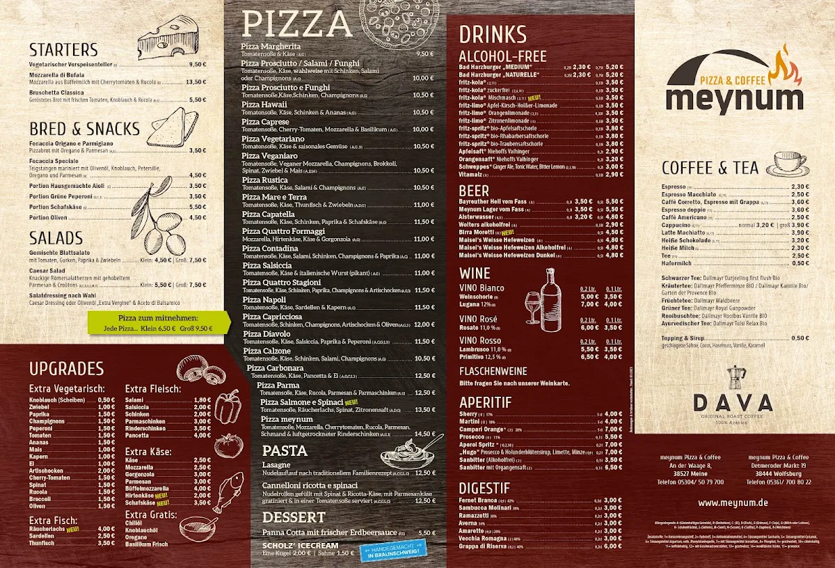 Speisekarte, Meynum Pizza & Coffee Wolfsburg