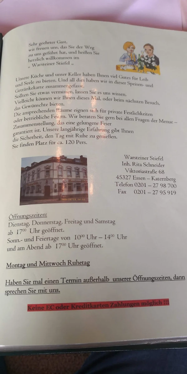 Speisekarte, Gaststätte Warsteiner Stiefel