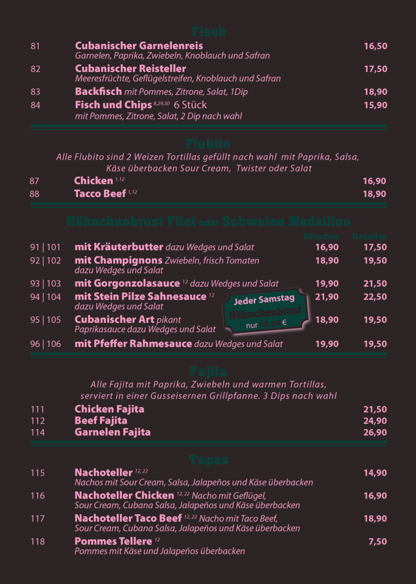 Speisekarte, Cubana Restaurant & Cocktailbar