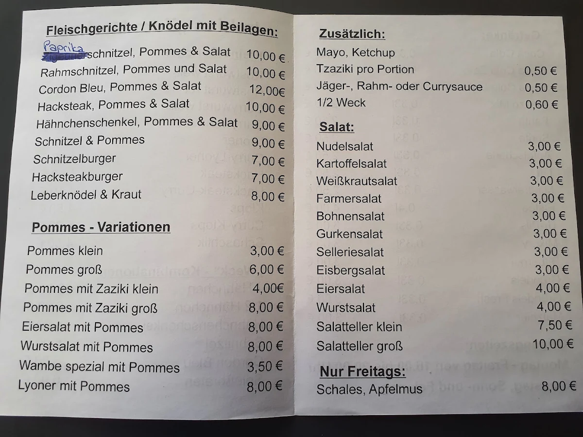 Speisekarte, Imbiss Zum Markus