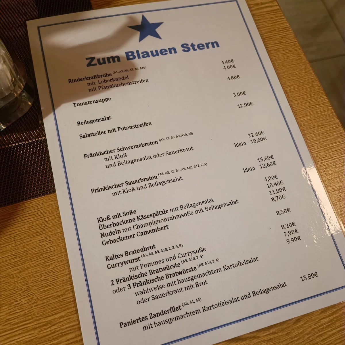 Speisekarte, Speisegaststätte "Zum Blauen Stern"