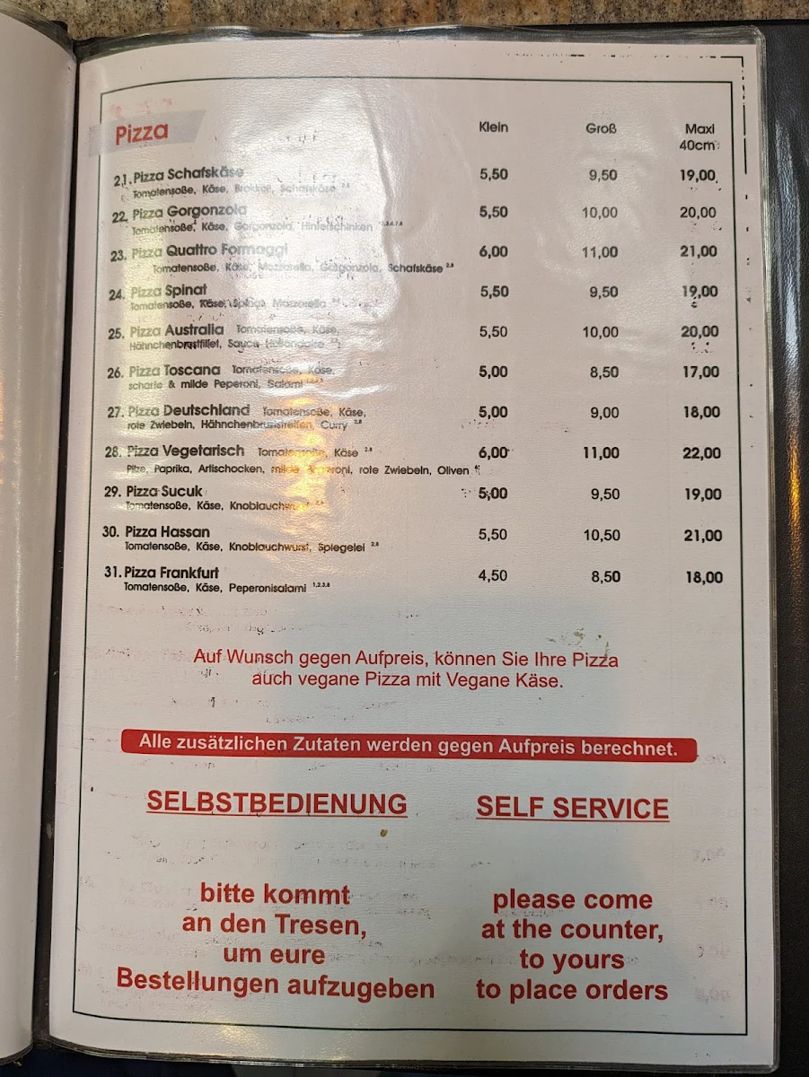 Speisekarte, Pizzeria Bologna