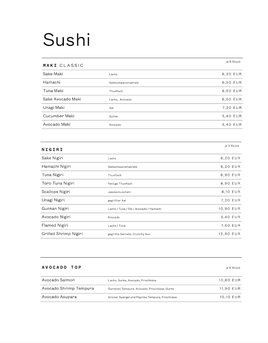 Speisekarte, Okyu Restaurant