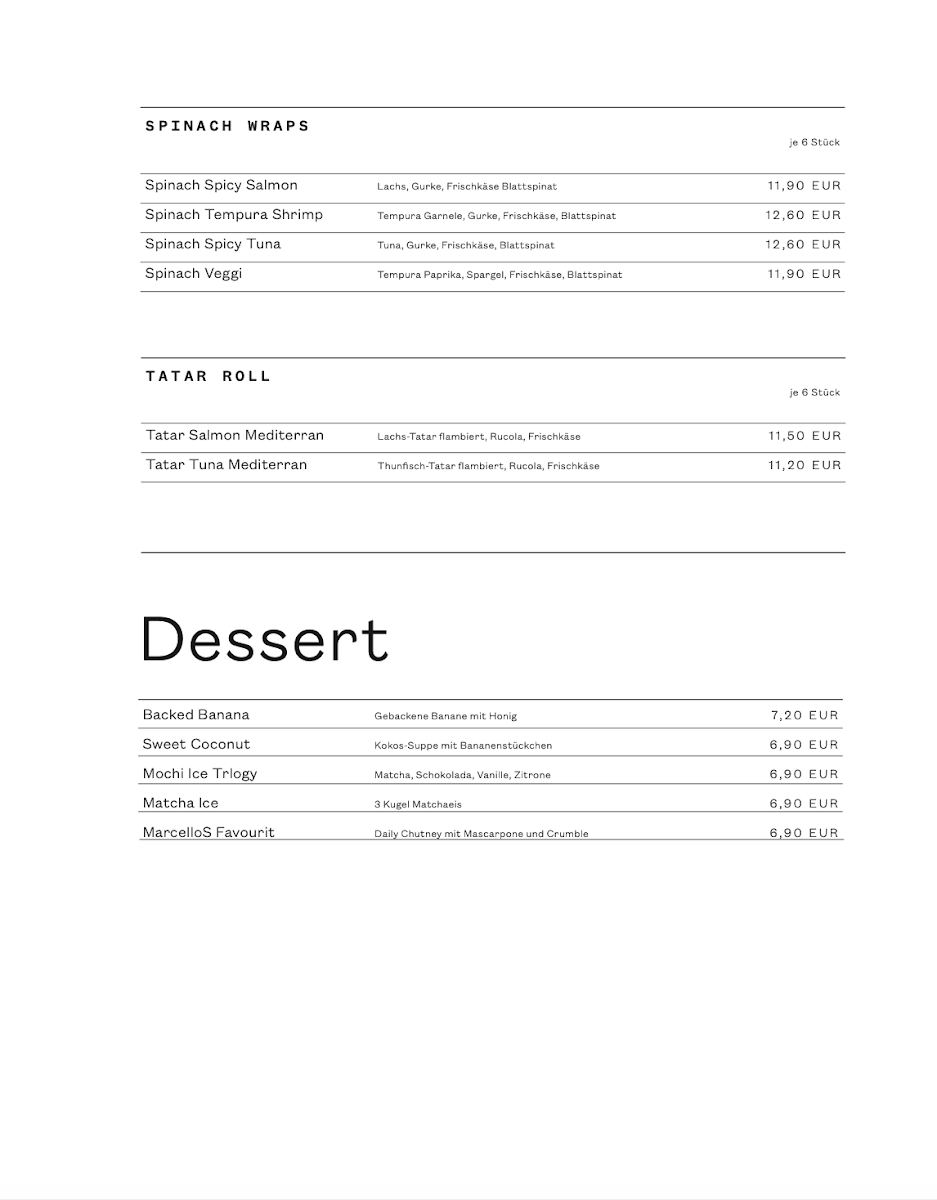 Speisekarte, Okyu Restaurant