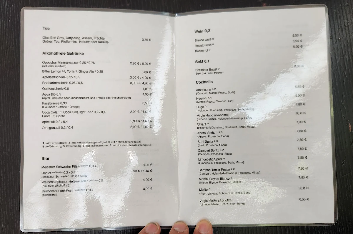 Speisekarte, Cafe Solino im Albertinum