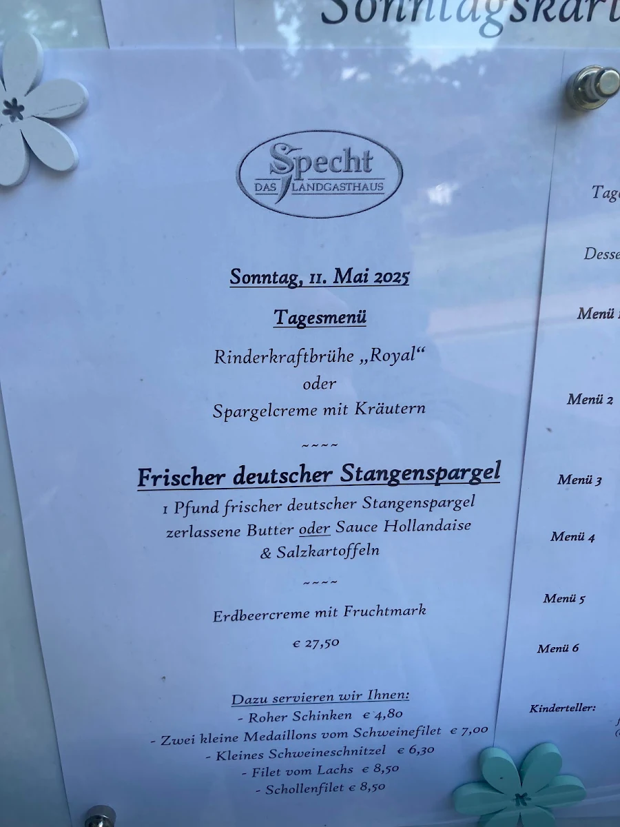 Speisekarte, Das Landgasthaus Specht