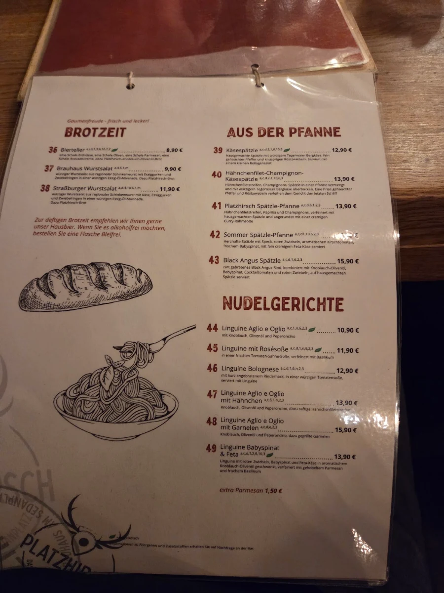 Speisekarte, Platzhirsch Pforzheim