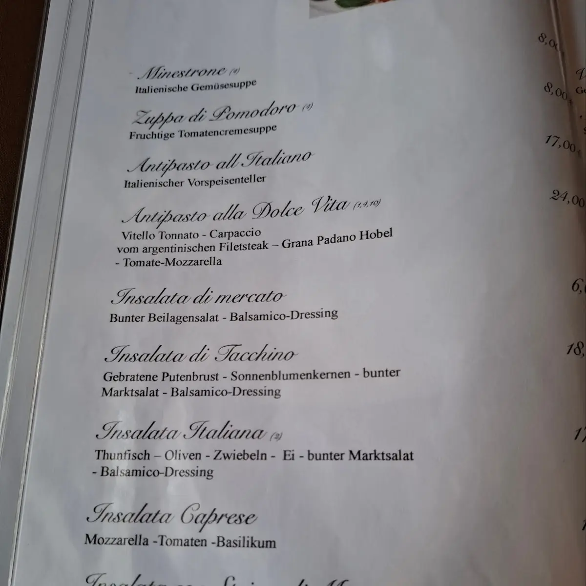 Speisekarte, La dolce Vita