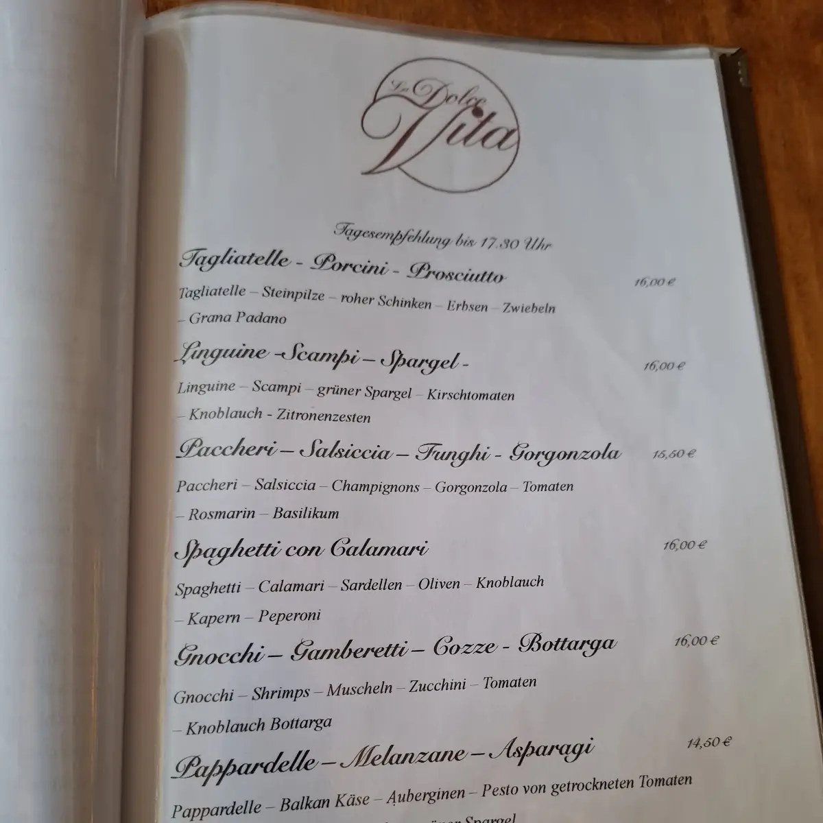 Speisekarte, La dolce Vita